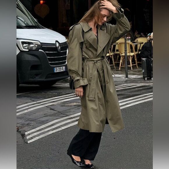 VINTAGE Khaki green oversized trench coat - Picture 3 of 17